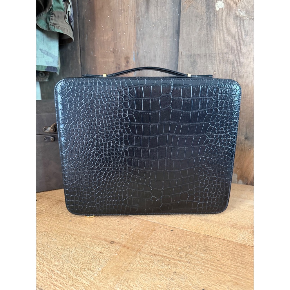 Estee Lauder Black Faux Croc Embossed Train Case Makeup Vanity Travel Bag